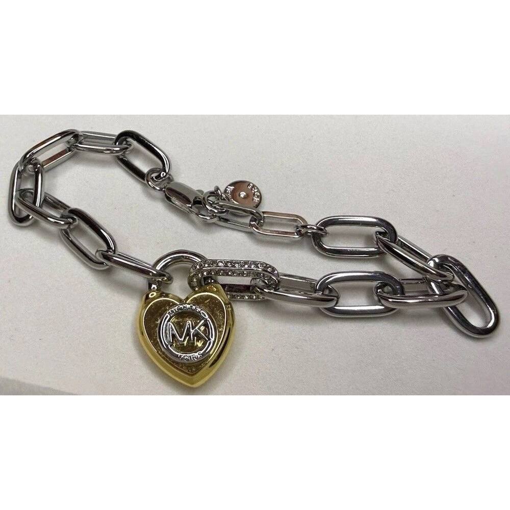 🔥NEW MICHAEL KORS SILVER,GOLD TONE LOCK HEART LOCKET CRYSTALS CHAIN BRACELET